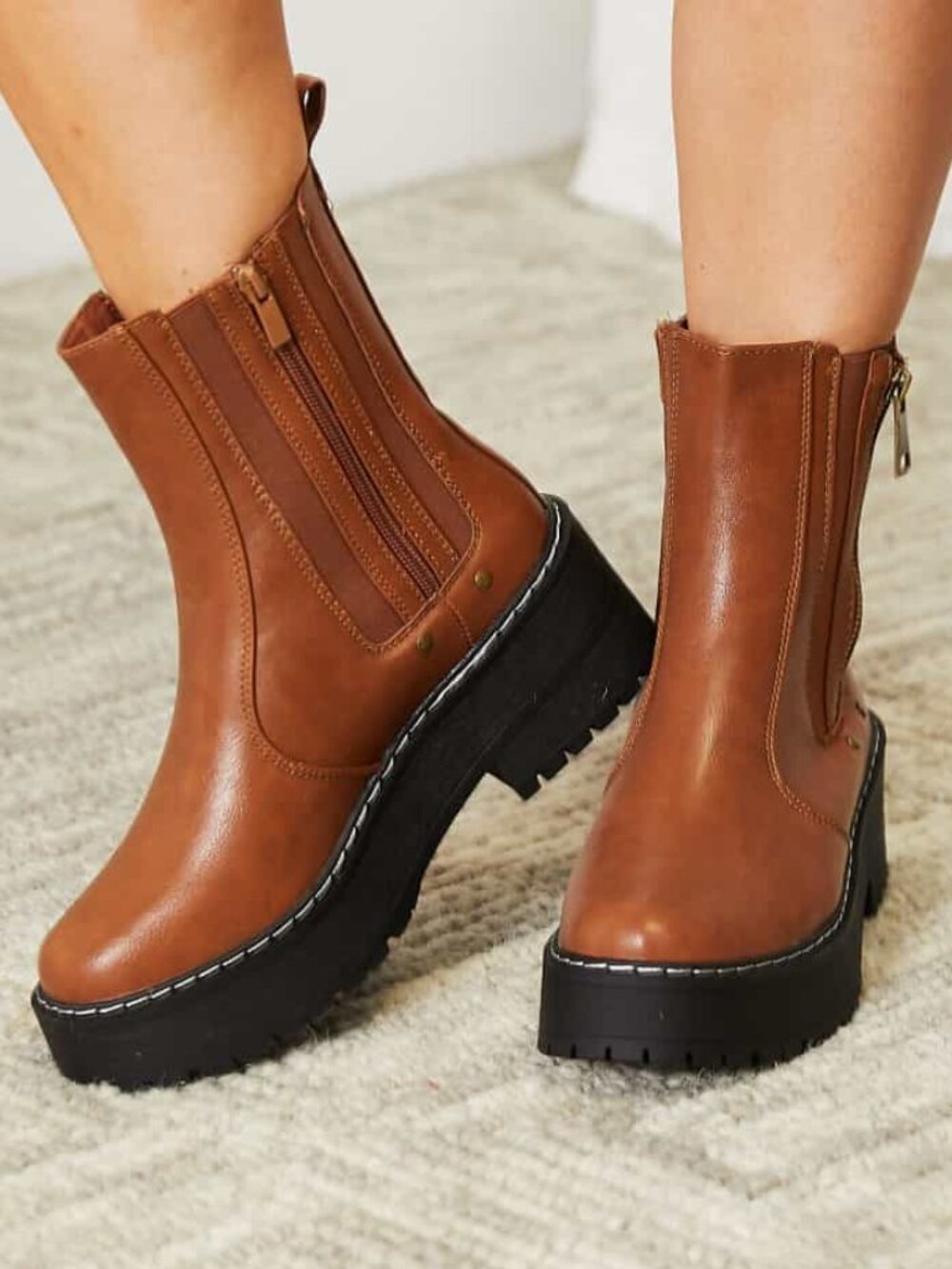 Chestnut Brown Platform Ankle Boots | Side Zip Lug Sole